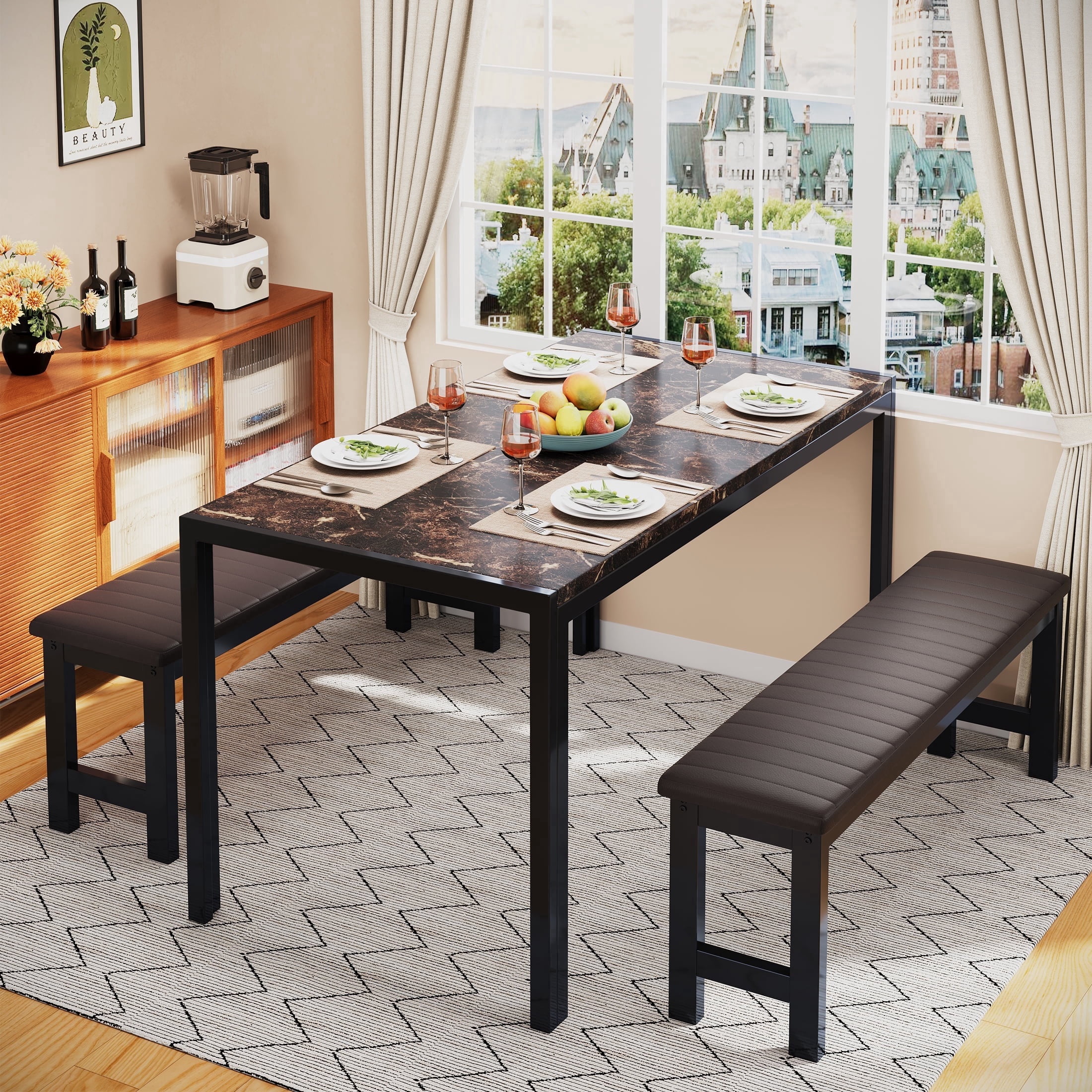 PORKISS Dining Table Set for 4, 3 Piece Kitchen Table Set with 2 PU Leather Benches, Faux Marble Dining Room Table Set, Breakfast Nook Table Set for Small Spaces, Apartment, Brown+Black