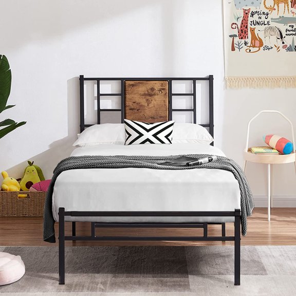 VECELO Twin Size Bed Frame with Wood Headborad, Metal Platform Bed with Steel Slats Support, No Box Spring Needed, Black