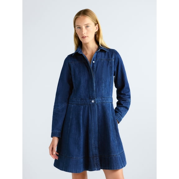 Free Assembly Women's and Women's Plus Denim Mini Shirtdress with Long Sleeves, Sizes XS-4X