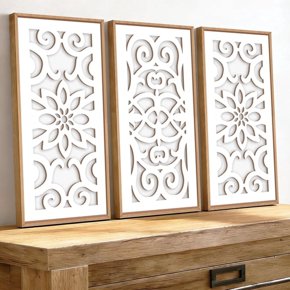 HPNIUB Mandala Wooden Wall Art Boho White Flower Framed Wall Decor Modern Abstract Wall Sculpture Set of 3 for Bedroom Living Room Office 8x16In