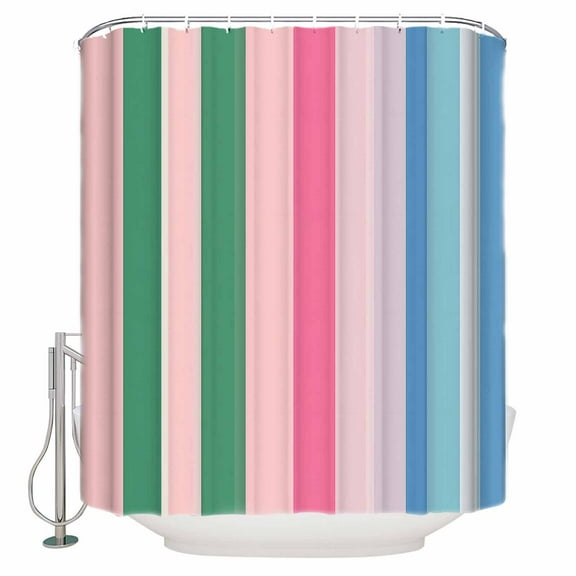 Extra Long Shower Curtain 72x84 Inch, Pink Green Blue Stripe Shower Curtain Waterproof Bathroom Decor Farmhouse Stripes Contemporary Fabric Bath Curtain Set Accessories with Hooks