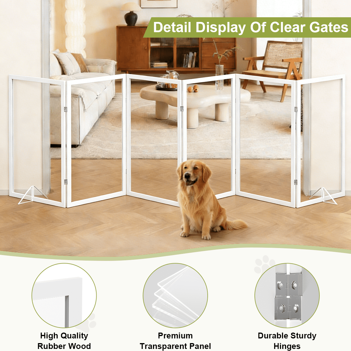 Fairy Baby 6 Panel Freestanding Dog Gate, Clear Acrylic Wooden Pet Gate 24"H x 102"W for Stairs Hallway