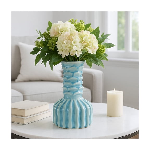 Ceramic Ribbed Bud Vase for Living Room Decor and Home Accent - Coastal House Decor and Dining Room Table - Decorative Flower Vase for Kitchen Counter, Bedroom, and Office Decor - 10", Blue