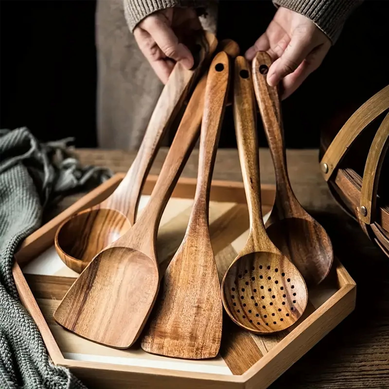 Wood Kitchen Utensils Set, 5 PCs Natural Acacia Wooden Spoons For Cooking for Non-stick Skillet, Utensil set For Cooking with Soup Ladle and Wok Spatulas, Salad fork, Spurtles for Cooking
