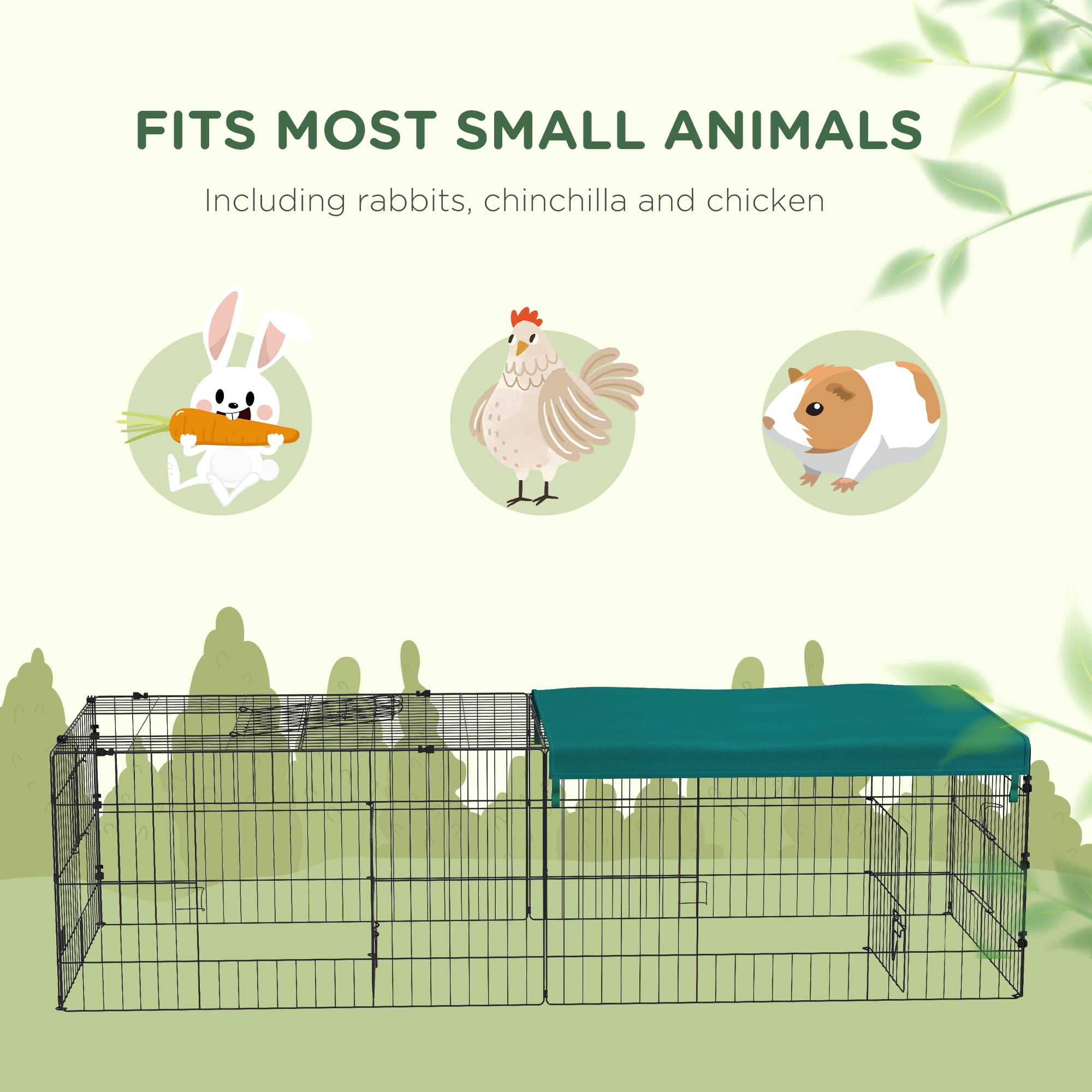 Pet Playpen PawHut 73" Small Animal Playpen, Pet Playpen Yard Fence for Rabbits, Chicken, Chinchillas with Roof for Indoor & Outdoor, Green,Guinea Pig Cage