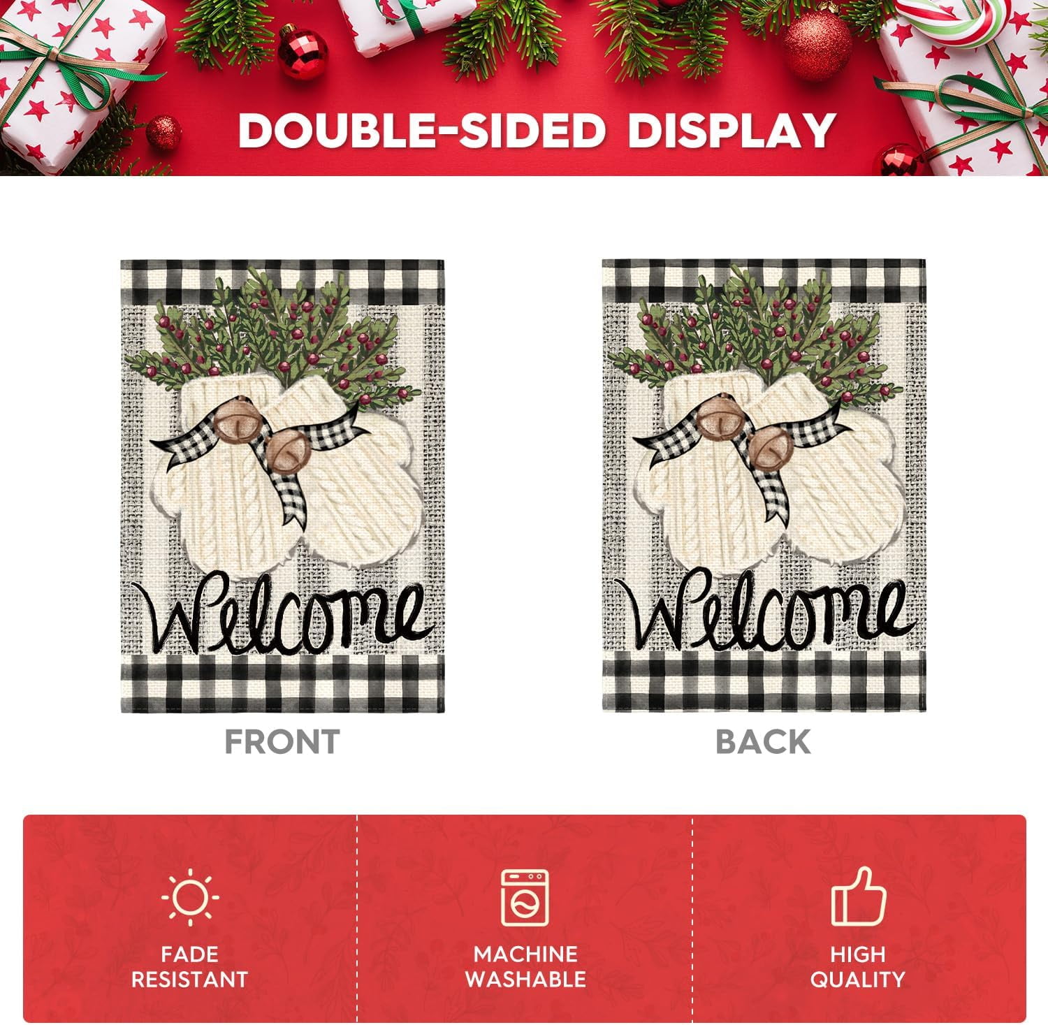 Lanola Gloves Holly Welcome Winter House Flag 28x40 Inch Double Sided, Buffalo Plaid Rustic Seasonal Yard Outdoor Decorative Flag