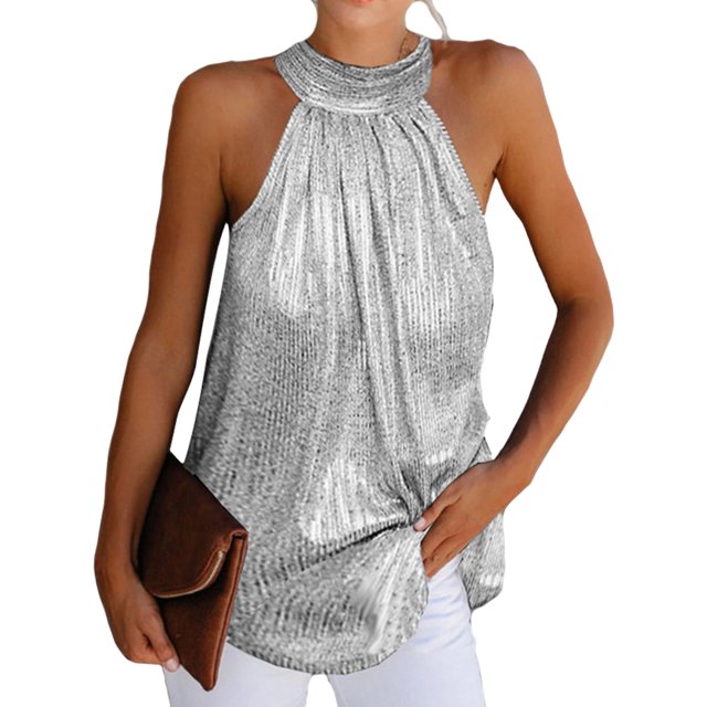 Camisetas De Verano Camisetas de verano para mujer Blusas sin mangas con cuello halter brillante elegante (Plata XXL) Ygjytge para Mujer Plata T XL