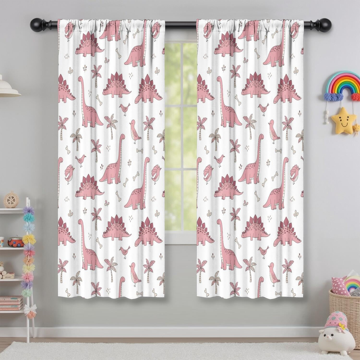 Blackout Kids Curtains,Pink Dinosaur and Bird Pattern Childrens Insulated Curtains Set Of 2,Bedroom Essentials,Toddler Room Decor 42"x63"
