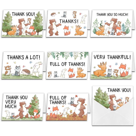 9pcs Thank You Cards Animals in The Forest Theme Greeting Cards with Envelopes for Wedding Bridal Shower Birthday Christmas Thanksgiving Day Invitation Cards