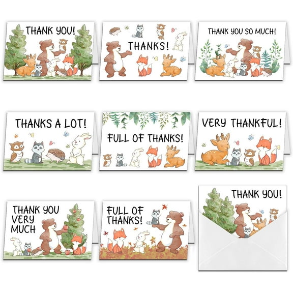 9pcs Thank You Cards Animals in The Forest Theme Greeting Cards with Envelopes for Wedding Bridal Shower Birthday Christmas Thanksgiving Day Invitation Cards Mixed Color