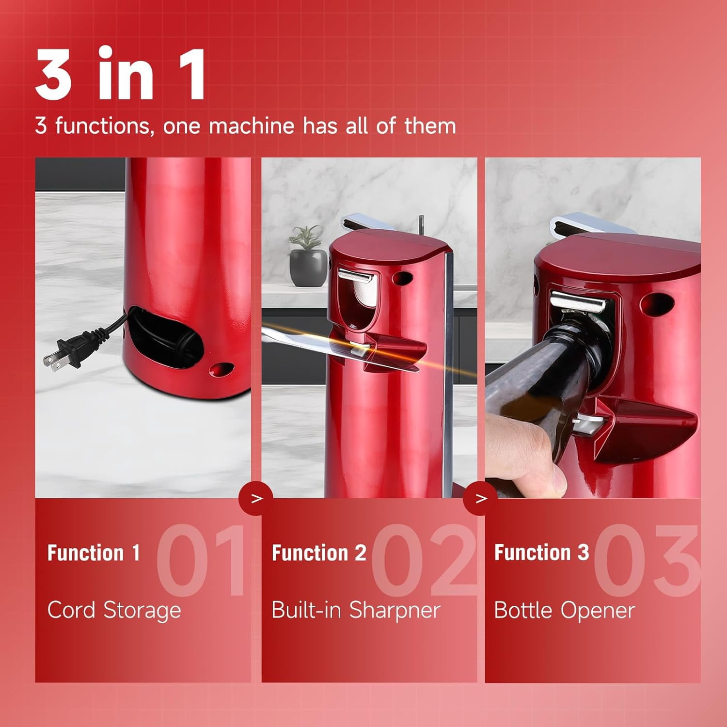 Davivy Electric Can Opener Stainless Steel Tall Automatic Can Opener Knife Sharpener Bottle Opener Red