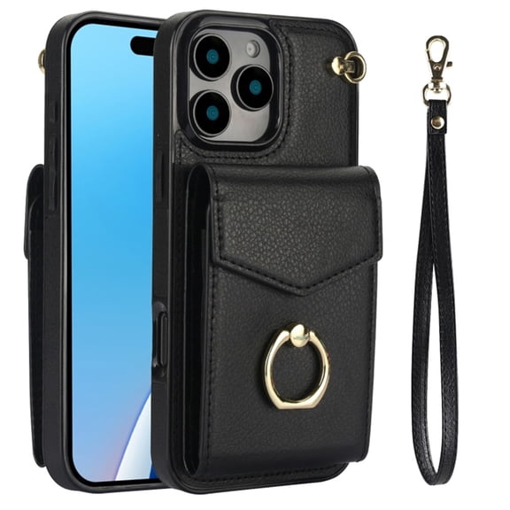 For iPhone 16 Pro Case Premium PU Leather Accordion Folding Wallet &Card Holder With RFID Shielding Material Phone Case ，with Adjustable Ring Holder And Wristband,black,For iPhone 16 Pro