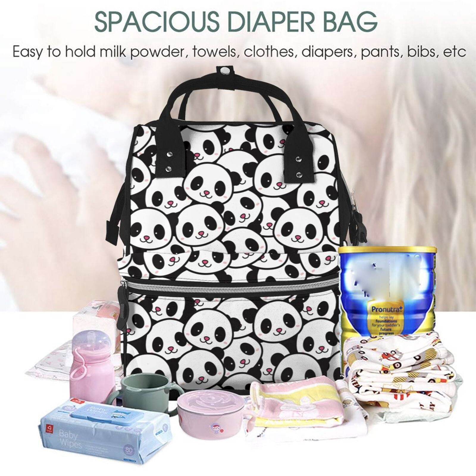 Ratiio Cute Panda Mummy Backpack - Waterproof Twill Canvas, Large Capacity Diaper Bag with Multiple Pockets and Adjustable Straps