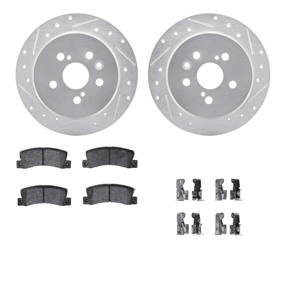 Dynamic Friction Company Rear Brake Rotors-Drilled and Slotted-Silver with 5000 Advanced Brake Pads includes Hardware 7512-76023
