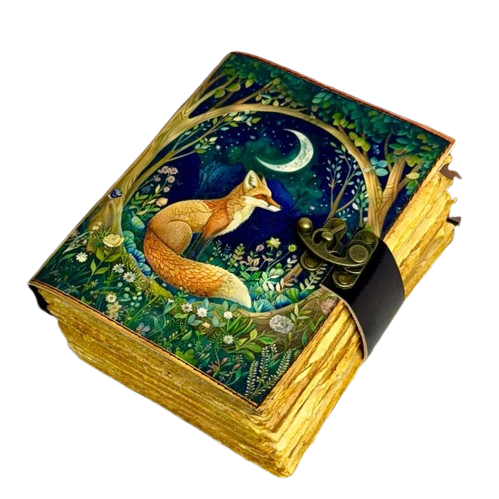 Handmade Leather Journal with Fox & Moon Artwork – 5x7 Inch Vintage Notebook with 200 Deckle Paper Pages, Antique Clasp, Woodland Writing Diary