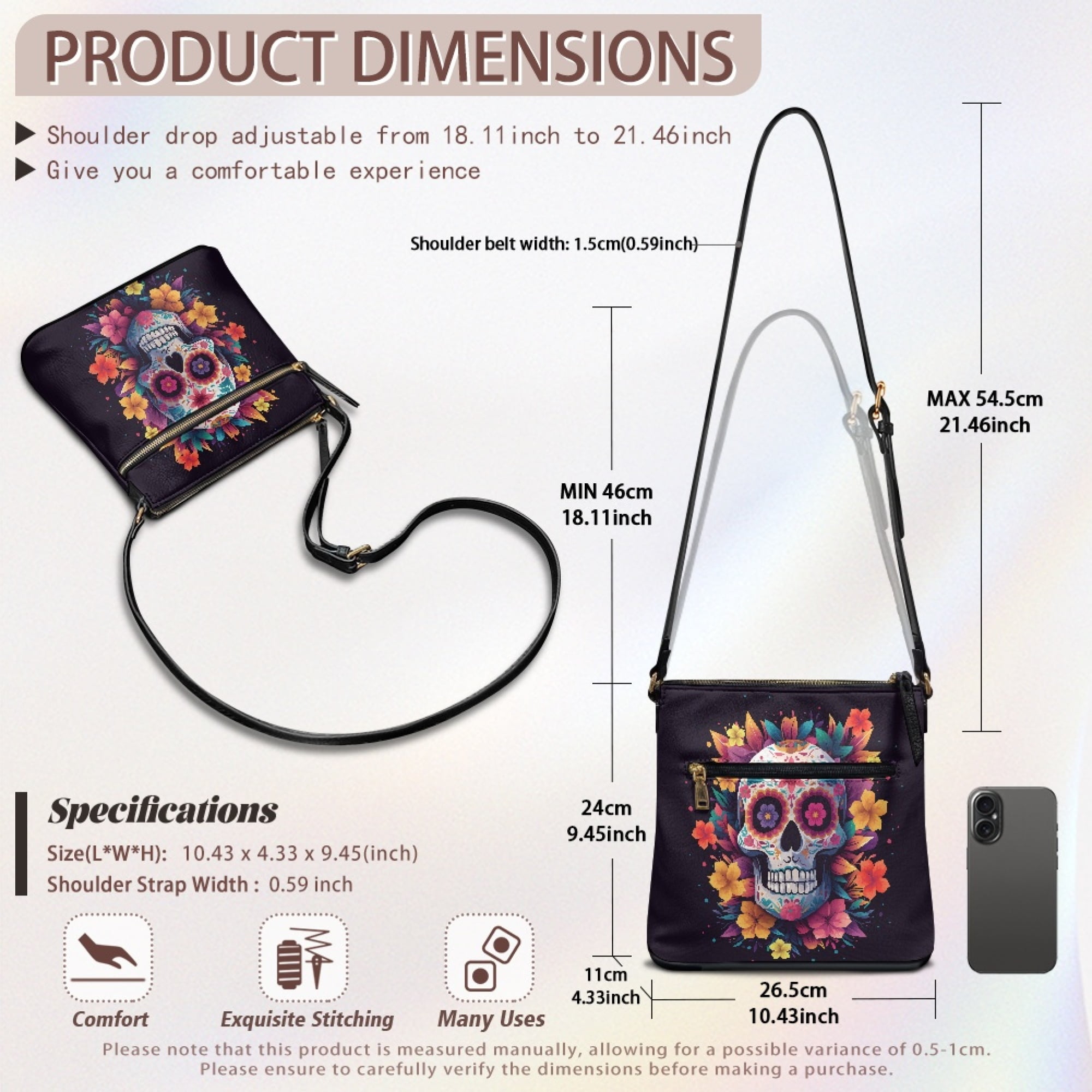Kuiaobaty Skull Flower Print Crossbody Bag for Women. Zipped Pockets Portable Leather Satchel Purse with Adjustable Strap, Day of The Dead Hobo Handbag Crossbody for Travel & Shopping