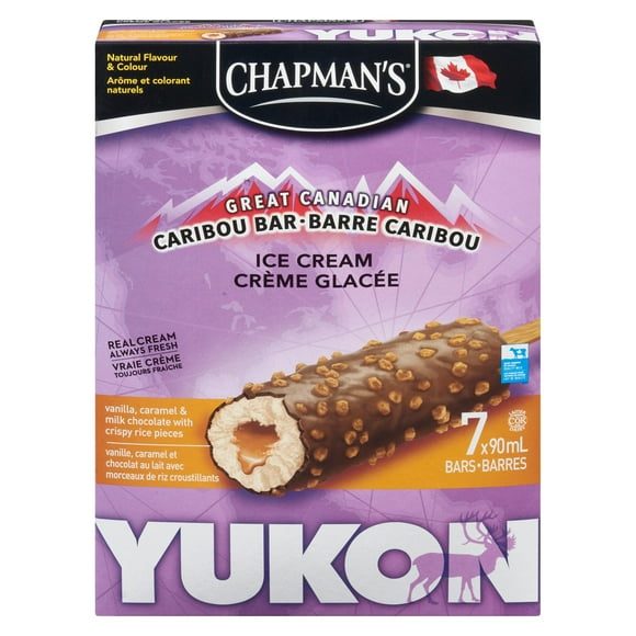 Chapman's Yukon Caribou Vanilla, Caramel & Milk Chocolate with Crispy Rice Pieces Ice Cream Bar, 7 x 90mL