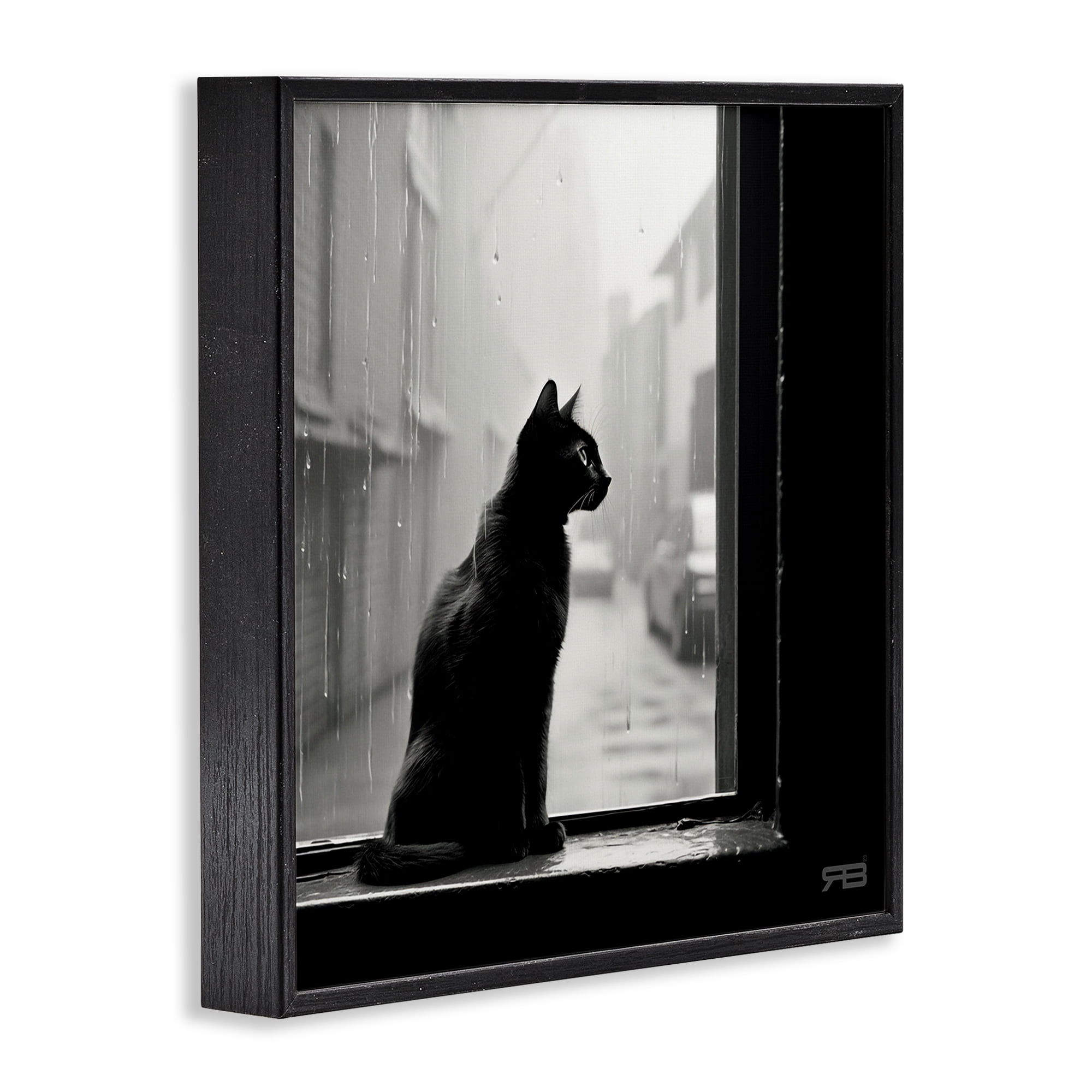 Stupell Industries Cat Gazing Rainy Window Animals & Insects Painting Black Framed Art Print Wall Art, 24 x 24