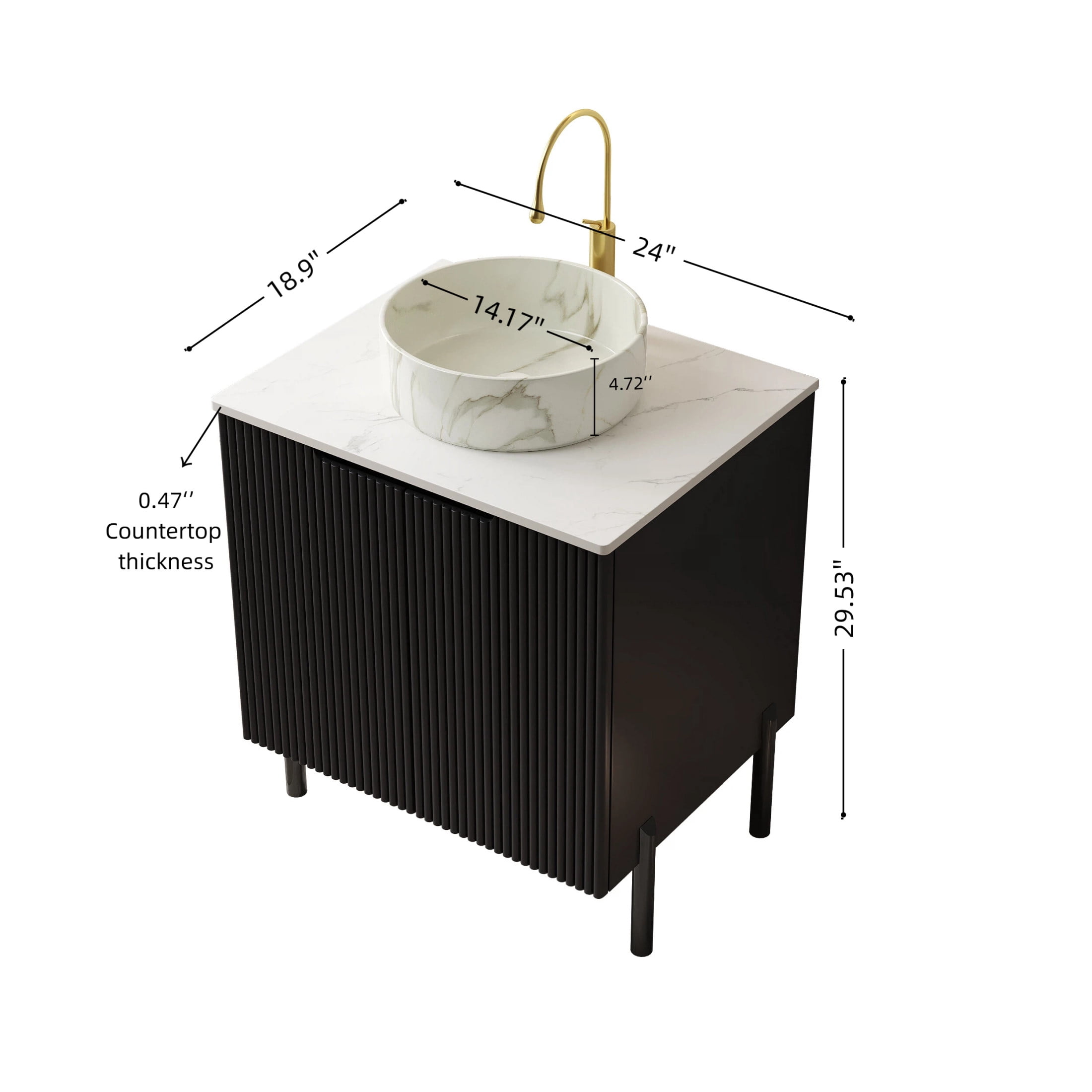 Noble House TURIO 24" Bathroom Vanity with Sintered Stone Countertop, Storage Cabinet, White Stone Basin, Black