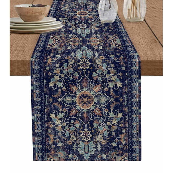 Table Runner 120 Inches Long for Kitchen Dining, Navy Blue Boho Dresser Scarf Farmhouse, Dining Table Decorations for Wedding/Parties, Abstract Art Ethnic Vintage Geometric 13 x 120 In