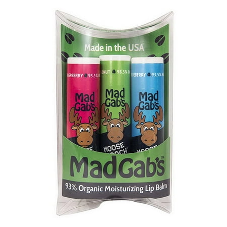 Mad Gab’s 3-Piece Moose Smooch Organic Moisturizing Lip Balm Gift Set (Vanilla, Blueberry, Raspberry)