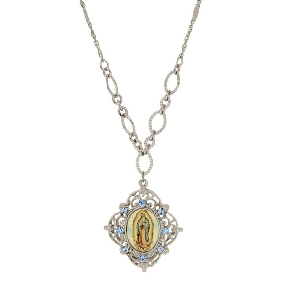 Symbols of Faith Light Sapphire Blue Crystal Our Lady Of Guadalupe Pendant Necklace 18" L