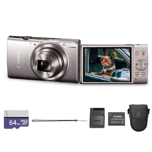 Canon PowerShot ELPH 360 HS A Digital Camera (Silver) | 20.2MP CMOS Sensor, 12x Optical Zoom & Built-In Wi-Fi | Compact Point-and-Shoot for Travel, Family & Everyday Photography (7283C001) 64GB Card