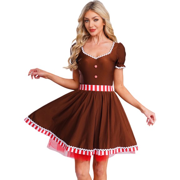 vastwit Women Gingerbread Man Christmas Dress Short Puff Sleeve A Line Holiday Skater Mini Dress Brown S