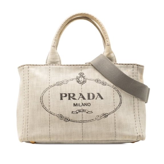 Pre-Owned Prada Canapa Mini Triangle Logo Plate Handbag Shoulder Bag 2WAY 1BG439 Gray Canvas...