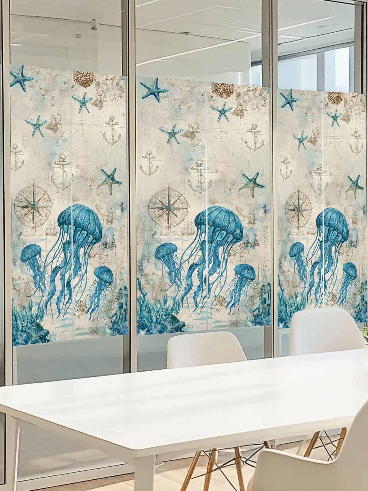 Nautical Teal Jellyfish Window Privacy Film, Ocean Corals Compass Vintage Brown Map Frosted Glass Window Clings Static Cling UV Heat Blocking Reusable Door Sticker for Bathroom 23.6 x 59 Inch