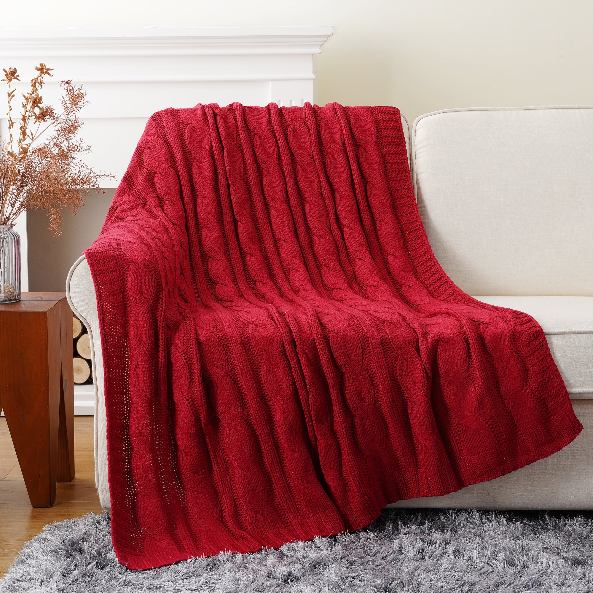 Burgundy Cable Knit Blanket for Sofa,Decorative Red Knitted Throw Blanket for Christmas Decor,50"x60"