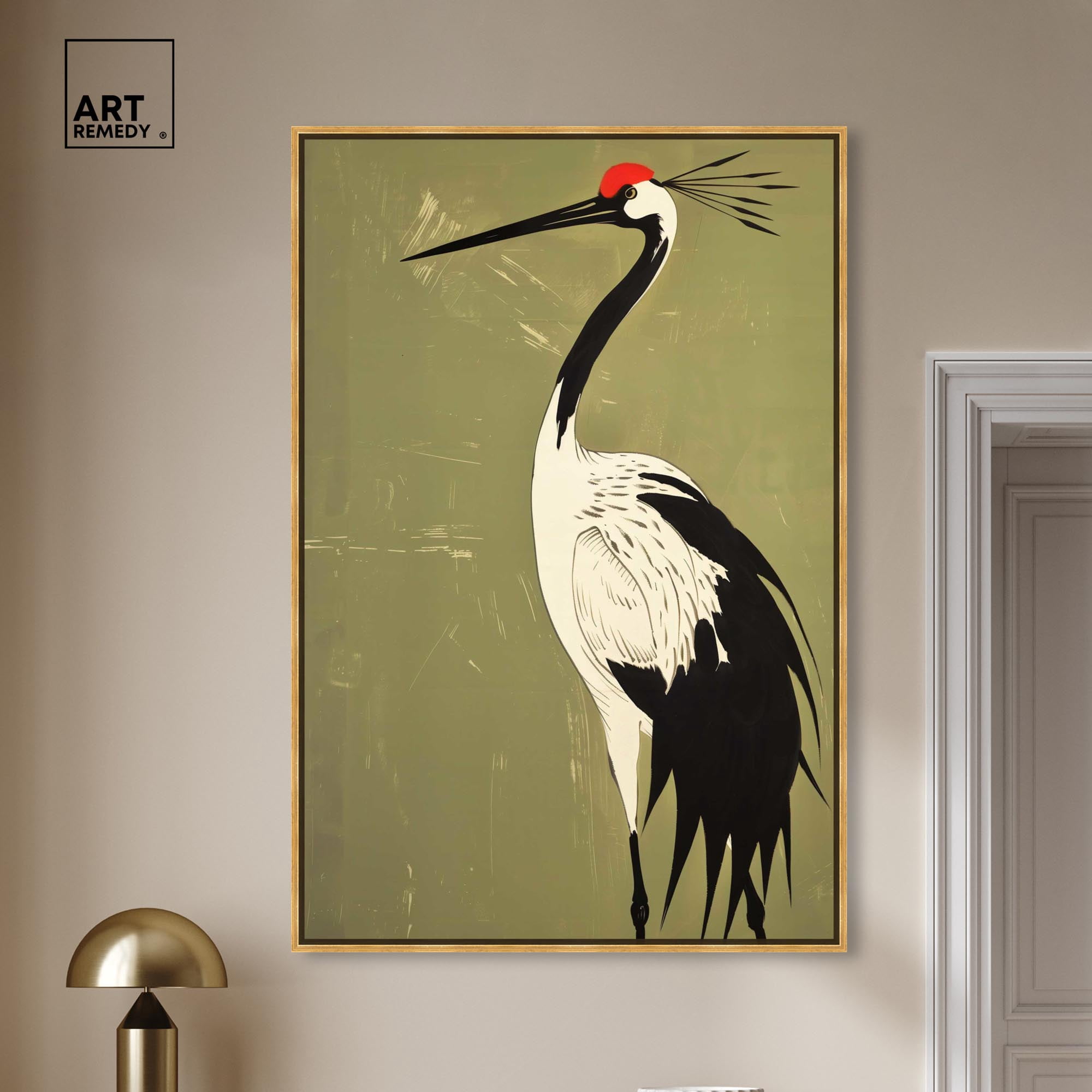 Crane on Jade Canvas Retro Japanese Art Prints by Art Remedy, Gold