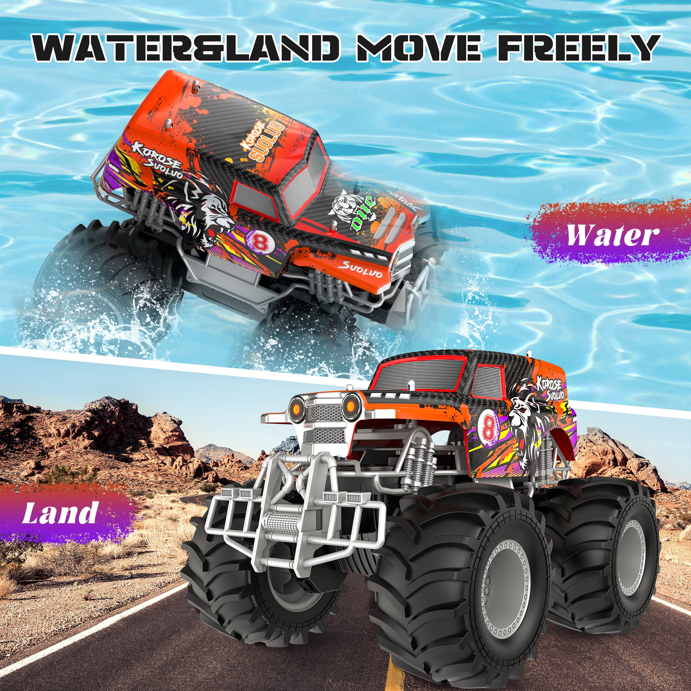 Amphibious Remote Control Car 2.4GHz 1:16 All Terrain Waterproof RC Monster Truck for Kids Pool Toys