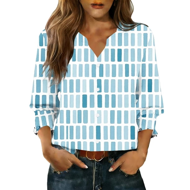 Camisas de Cuello de Tripulación de Manga Corta para las Mujeres Caqueta de Manga 3/4 para las Mujeres, Top Casual de Cuello en V para Primavera Verano