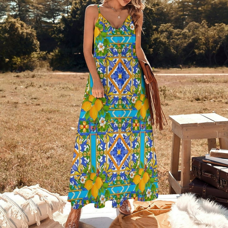 Summer citrus mosaic background Mediterranean style lemon fruit pattern  Sleeveless Dress Prom gown Woman's evening dress - Walmart.com