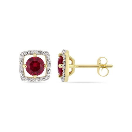 1.10 Carat (ctw) Lab Created Ruby Solitaire Halo Earrings in 10K Yellow Gold with