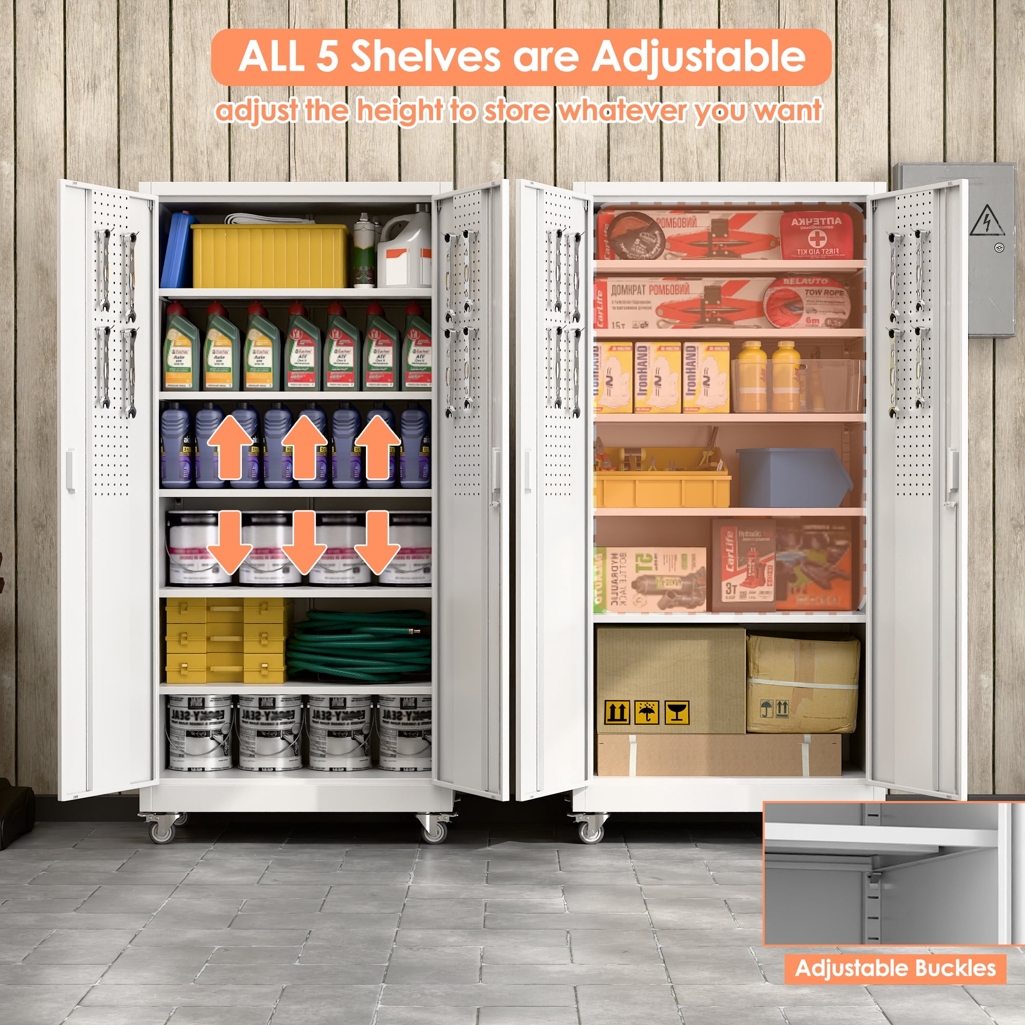 Aobabo Metal Garage Storage Cabinet with Wheels, Rolling Tool Storage Cabinet with 5 Adjustable Shelves and Pegboard for Garage Home Office Utility Room,Required Assembly,White 71" H×32" W×16" D