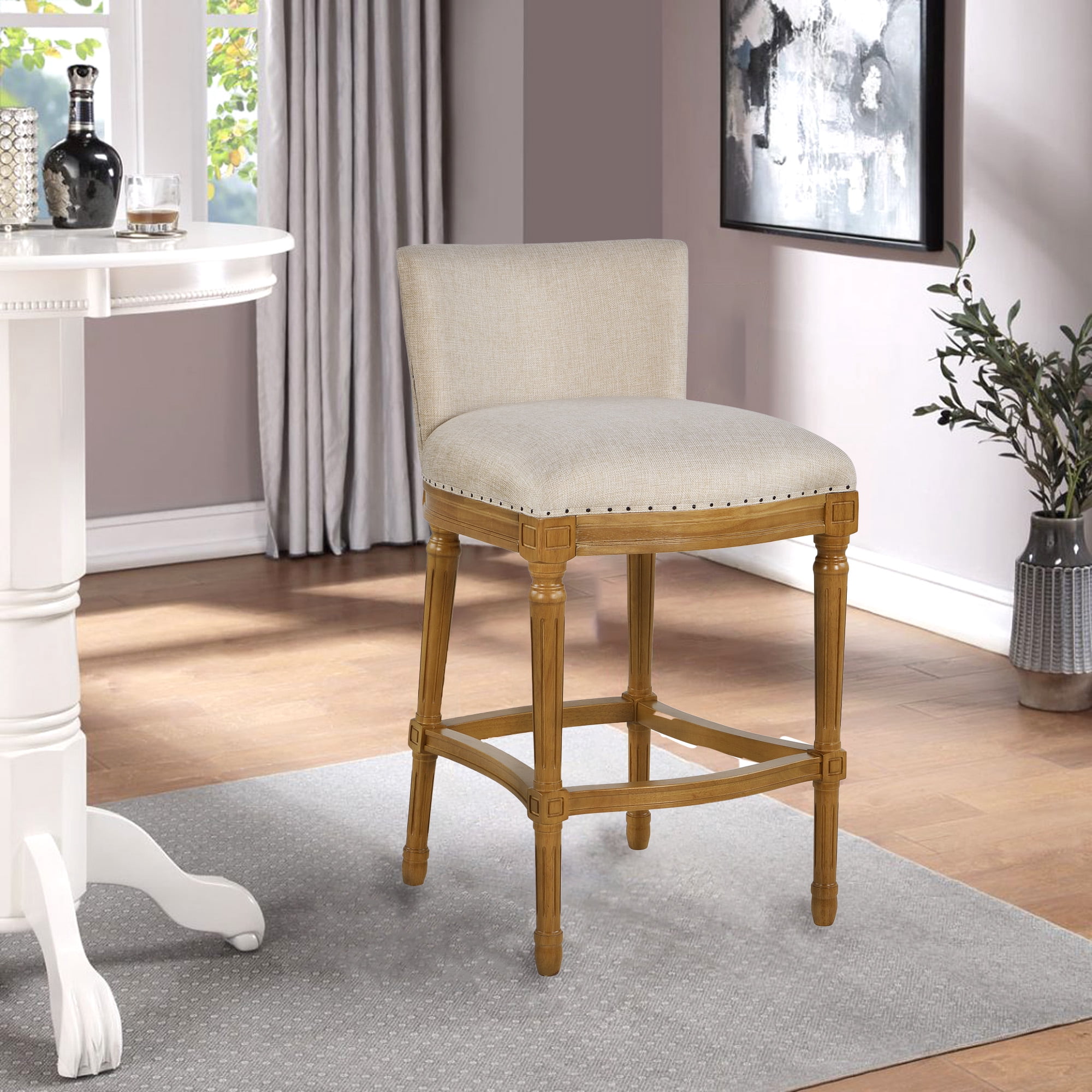 Boraam Francesca Counter Height Stool, 27.75 in., Oak Wood, Tan Linen Seat