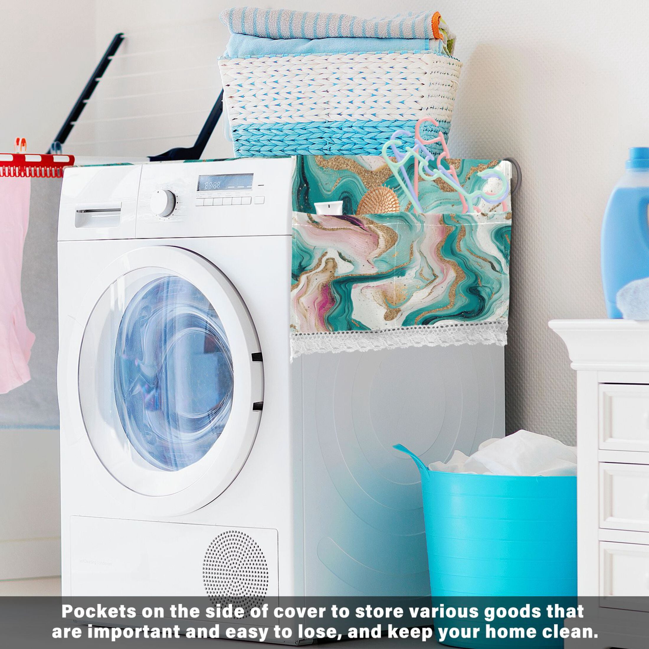 Dustproof Washing Machine Cloth Washer and Dryer Top Covers, Fridge Dust Cover, With Storage Bags Teal Swirling Marble Pattern