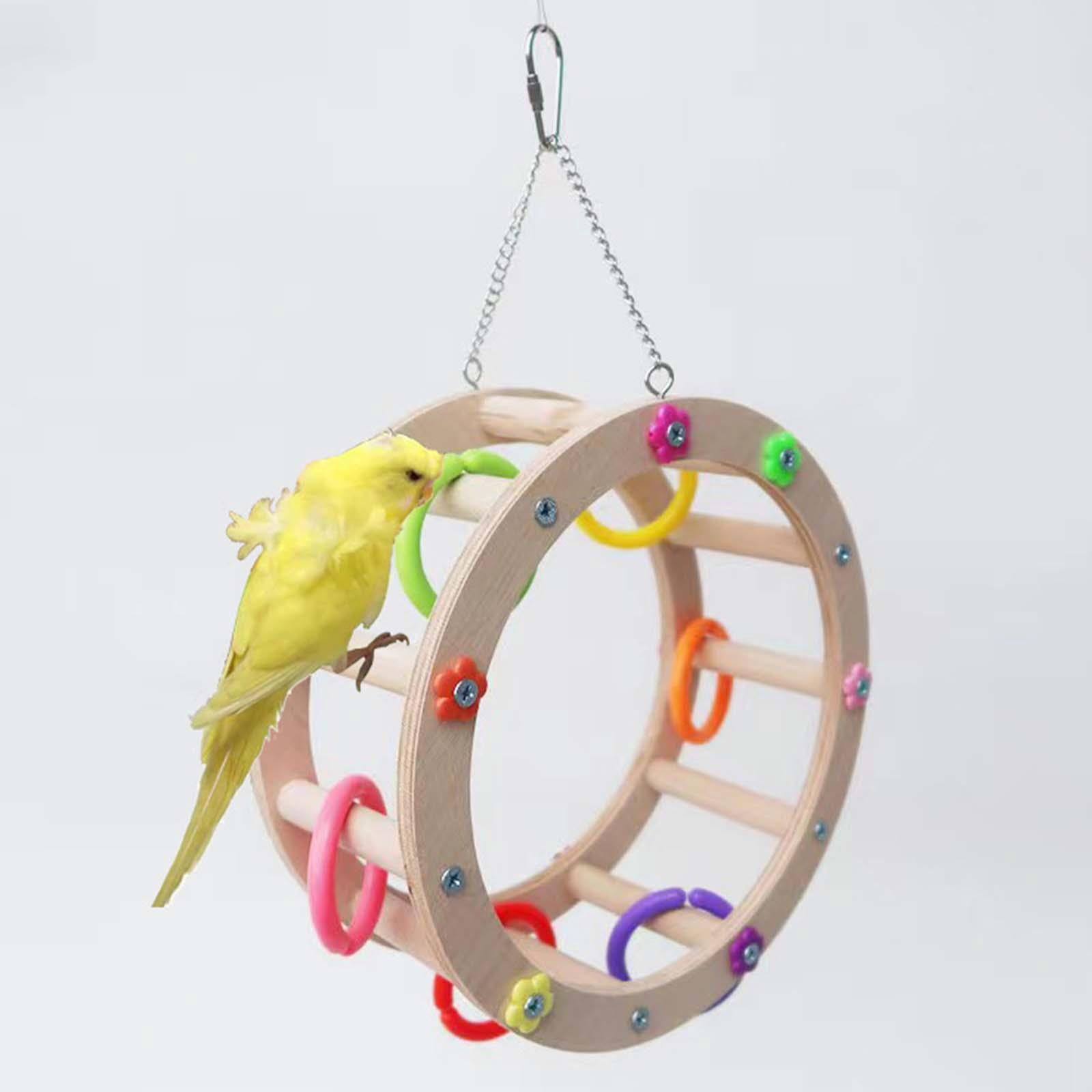 Tooyful Wooden Bird Wheel Toy Macaws Hanging Cockatoos Hanging Toy Bird Perch Stand Toy Nibbling Parakeet with Clorful Rings Parrot Chewing Toys diameter 22cm