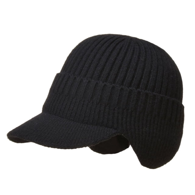 Gorro de invierno para hombre con visera y orejeras, tejido grueso con forro de felpa y calaveras, resistente al viento, color negro