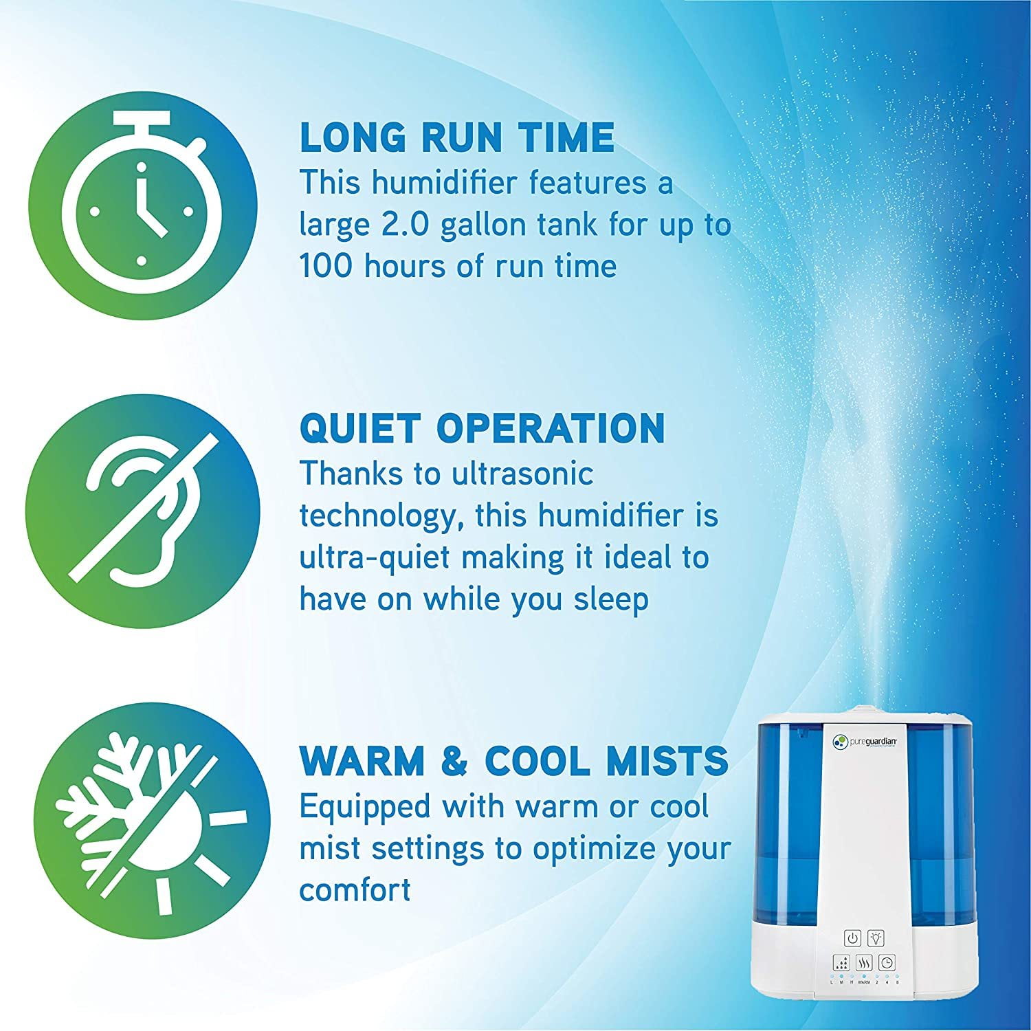 PureGuardian 100-Hour 2-Gallon Ultrasonic Warm & Cool Mist Humidifier, 560 Sq. ft. H5225WCA