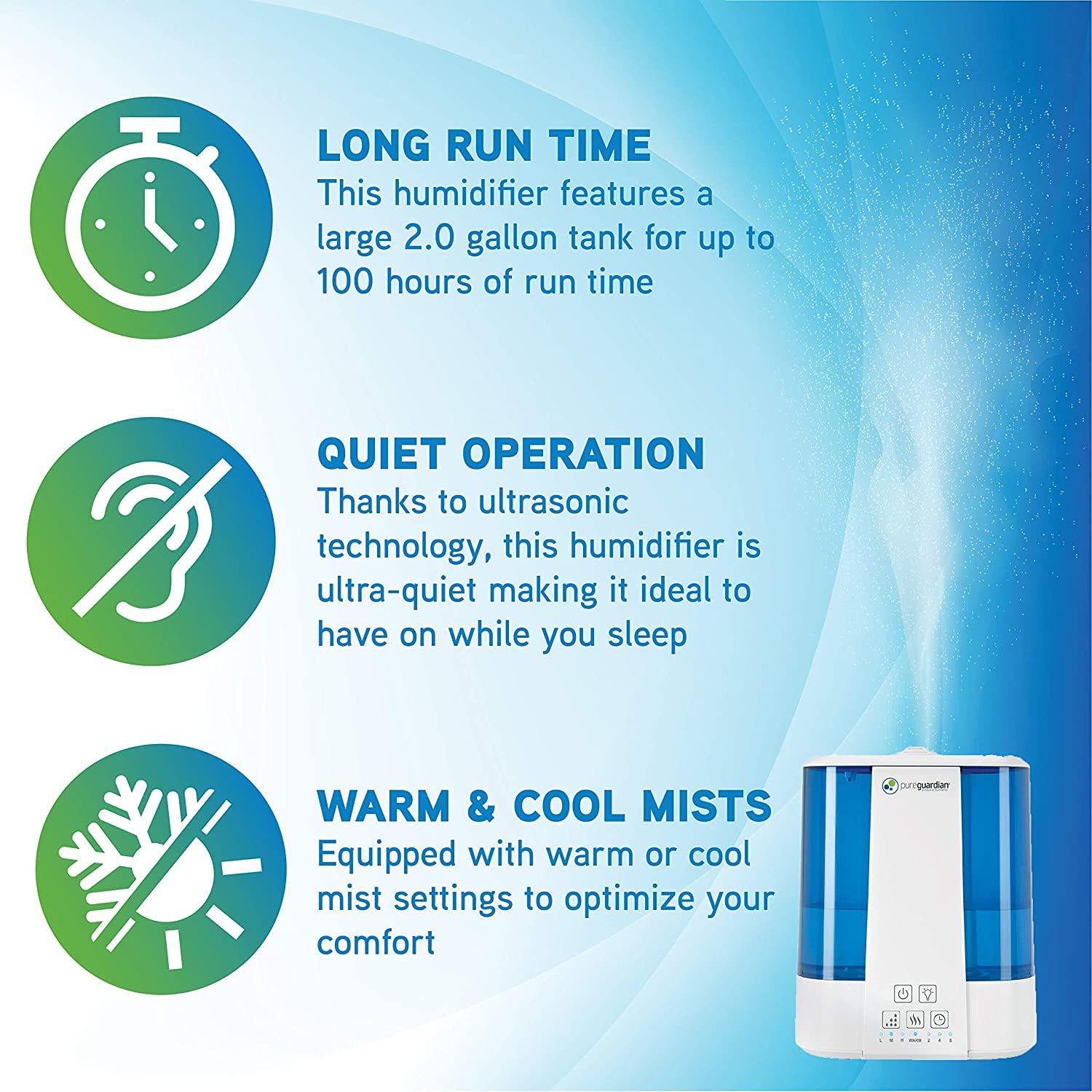 PureGuardian 100-Hour 2-Gallon Ultrasonic Warm & Cool Mist Humidifier, 2 Gallon H5225WCA - image 3 of 10