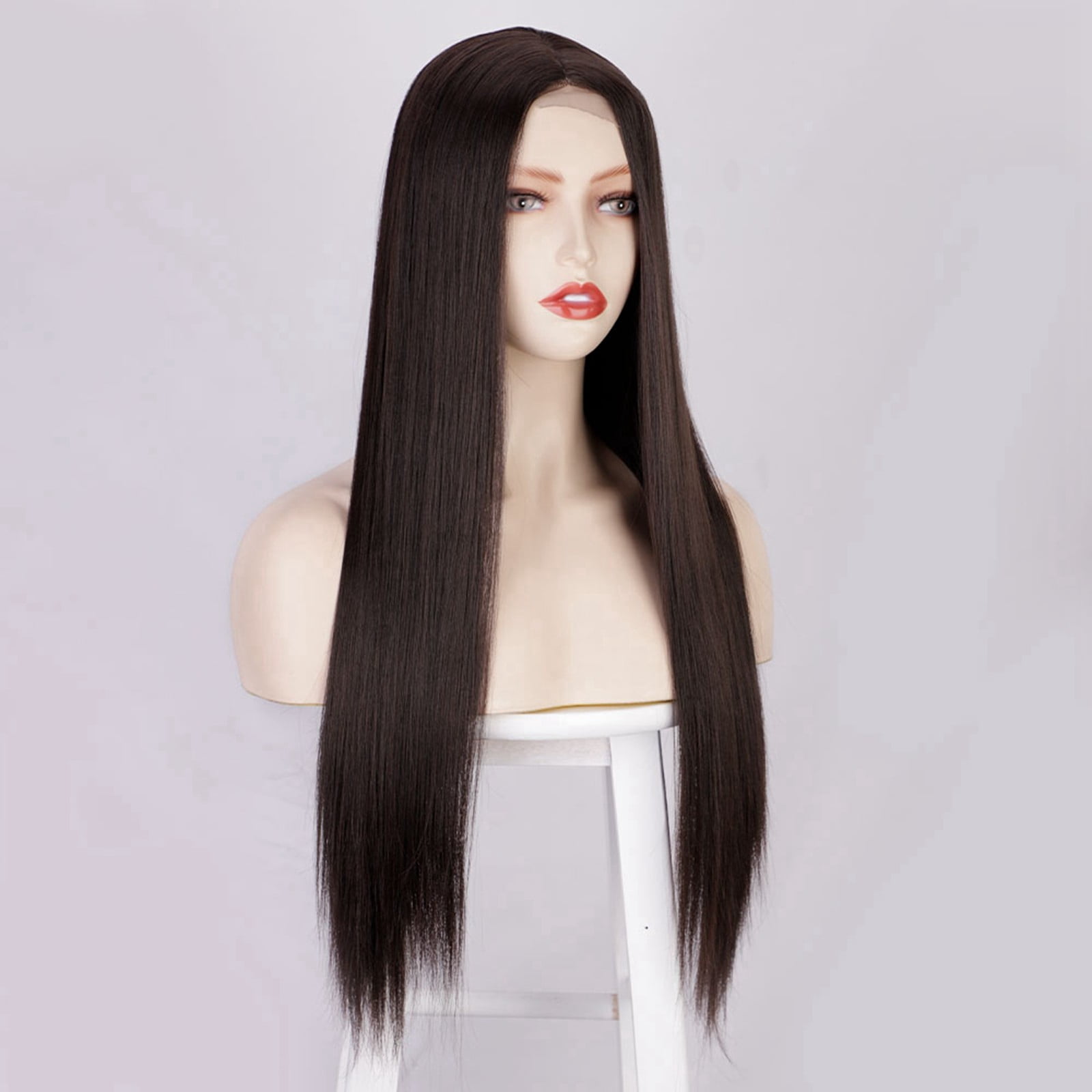 European Human Hair Blend Long Straight Lace Front Wig Middle Part Natural Synthetic Fiber Headpiece For Women