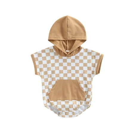 

Baby Girls Boys Summer Romper Short Sleeve Checkerboard Print Casual Hooded Playsuit，0-24 Months