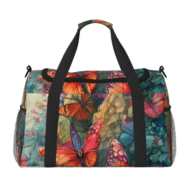 Fotbe Butterflies On Rocky Cliff Bolsa de Viaje con Estampado, Bolsa de Fin de Semana para Mujer con Compartimento para Zapatos, Bolsa de Gimnasio con Bolsillo Húmedo