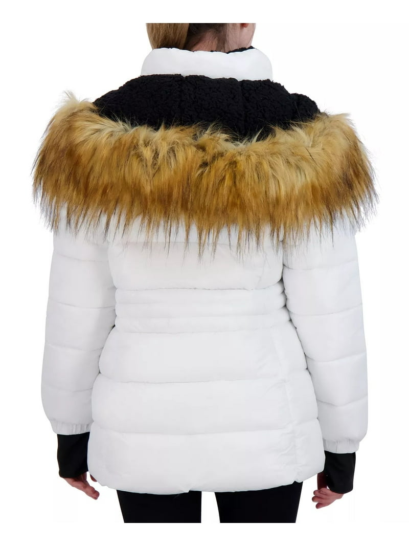 Steve Madden WHITE Women's Juniors Faux-Fur Hooded Shine Puffer