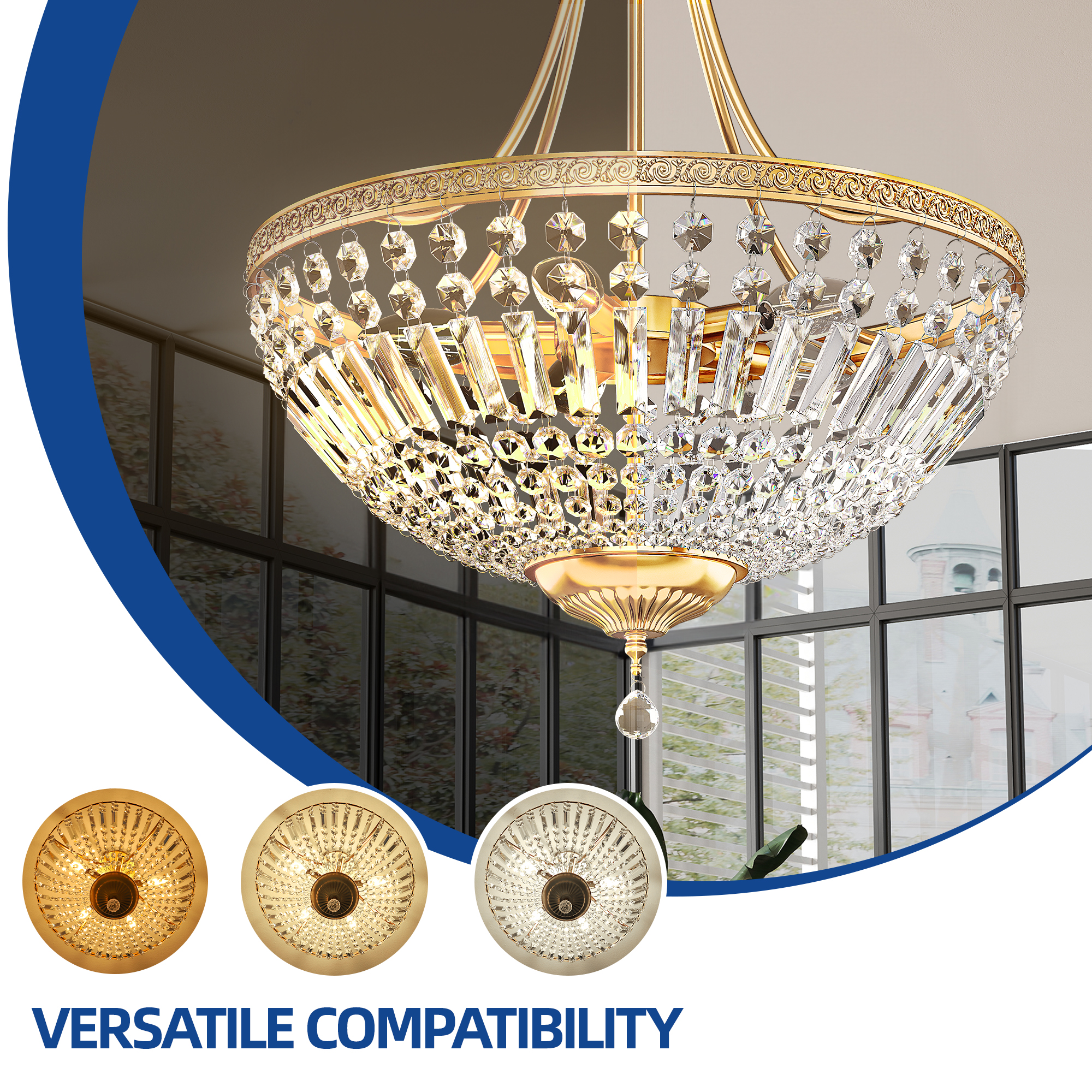 Uforic Crystal Ceiling Light Fixture, 5-Light Flush Mount Chandelier with Metallic Frame, Perfect for Elevating the Look of Bedrooms, Living Rooms, and Kitchens (Gold)