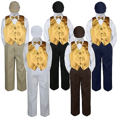 

5pc Boys Suit Set Gold Vest Bow Tie Baby Toddlers Kids Formal Hat Pants S-7