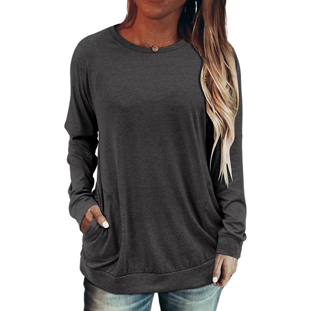 Womens Tops Color Block Pullover Long Sleeve T Shirts with Pockets Crew Neck Tunic Blouse